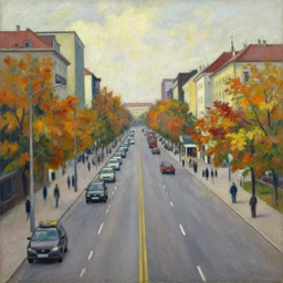 an edward hopper style painting of a busy road of ( ( ( ( ( ( ( ( gyor ) ) ) ) ) ) ) ) in hungary, autumn, october of 1 9 4 8