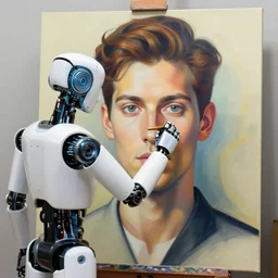 robot artist painting a self - portrait on a canvas. intricate, highly detailed, digital matte painting, in the style of alexandros pyromallis, and in the style of sachin teng, and in the style of hans thoma, and in the style of gil elvgren. irony, recursion, inspiration, streamline moderne.
