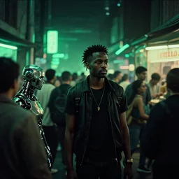 cyberpunk black indian market, indoor in the style of blade runner, stands illuminated by greens neon lights, crowded with cyborgs photorealistic, 3 5 mm, grainy ruined film, dark color scheme, ray tracing, unreal engine, 4 k