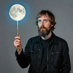 Radiohead, Radiohead, Thom, holding the moon upon a stick, with a beard and a black jacket, a portrait by John E. Berninger, dribble, neo-expressionism, uhd image, studio portrait, 1990s