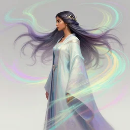 side profile, maya ali, wind sorcerer, dota, gloomhaven, robes, elegant, highly detailed, concept art, smooth, colorful swirly ripples, pastel colors, by huang guangjian, sachin teng, greg rutkowski, jesper ejsing, ilya kuvshinov, artgerm, mucha