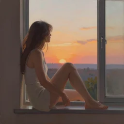 a beautiful painting of a woman sitting on a window at sunset, by alena aenami, featured on artstation