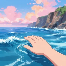 close - up of a hand sticking out from water surface, anime landscape wallpaper, waves simulated crystal clear waves, ocean cliff side, pink, blue, and orange clouds