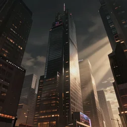 huge modern downtown city, billboards, Times Square, dark, concept art, digital painting, style of Ian Hubert, warm lighting, futuristic, volumetric lighting, view from below, daytime, godrays , high detail