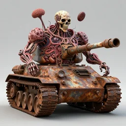 Techno-biological rusty T-55 consisting of tumors, meat, veins, bones, guts, kidneys, wires. Biopunk, body-horror, high detail, photorealism, full length view, very rust, concept art, octane render, 16k, 8k