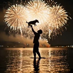 man throwing a beagle in the air while standing in water with fireworks in background, full body, silhouette, reflection in water, volumetric lighting, golden ratio, backlit