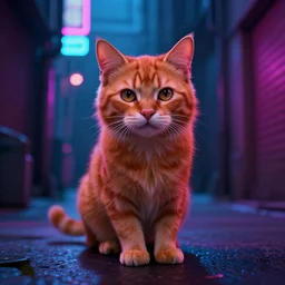 cyberpunk ginger cat in the alley, neon lighting, rendered in unreal engine, trending on artstation, cyberpunk, night