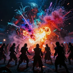 a colorful explosive epic extraterrestrial and hunan battle in hollywood, in the style of h. r. giger, epic scene, extremely detailed masterpiece, extremely moody lighting, glowing light and shadow, atmospheric, shadowy, cinematic, god lighting
