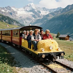 a group of people in the swiss alps riding in a train made of spaghetti, canon 5 0 mm, cinematic lighting, photography, retro, film, kodachrome
