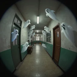 fisheye view interior of a haunted school corridor ghots flying around, art style by kim jung gi karl marx greg rutkowski ghibli, au naturel, hyper detailed, digital art, trending in artstation, cinematic lighting, studio quality, smooth render, unreal engine 5 rendered, octane rendered