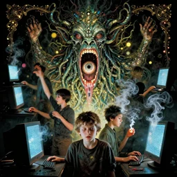giallo film poster by iris vallejo, brutalist, bakzinski, contrast, vallejo, shimmer, leds, flare, shift tilt, bokeh, ornate, entities, eyeball in throat, alternative human evolution, each decades concept of another decade, the boy is followed by the computer, i see my friend made of ink and smoke when i close my eyes, cthulhu