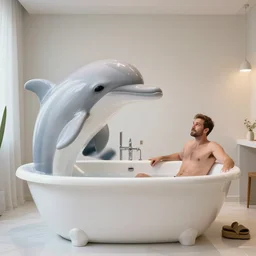 a perfect interior design photograph of a bathtub, shaped exactly like a dolphin. a dolphin is squeezed, immovable and tight, into the bathtub while a man looks on proudly.