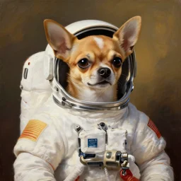 chihuahua cosmonaut, proudly posing for a portrait, painted by rembrandt, intricate, detailed, atmospheric lighting, golden hour.