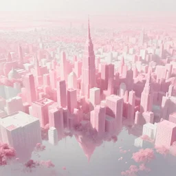 a beautiful render of pink and white city in the air, by hubert robert, daniel merriam, roger dean and jacek yerka, alex grey style, soft lighting,