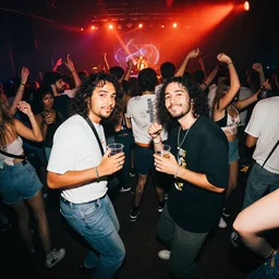 friends dancing at an alternative concert with drinks, facing the camera, crowd in the back, abstract style