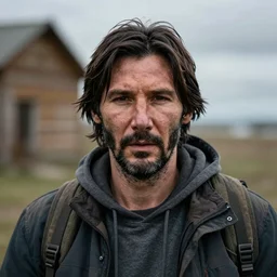 Photo of Native Russian man Keeanu Reevees, portrait, skilled homeless, realistic, detailed, Keeanu Reevees, photorealistick, Sony A7R