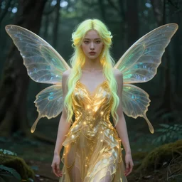 portrait, stunningly beautiful female faerie priestess in a forest, symmetrical wings on back, neon hair, wearing a dress of gossamer gold, inner glow, illustration, dramatic lighting, soft details, painting, art nouveau, octane render, 8 k, hd, by brom, faces by otto schmidt