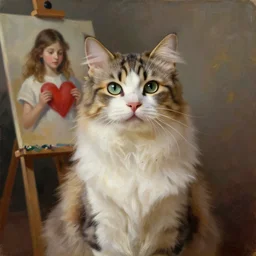 a cat painted in classical oil painting, the background is a girl painting with heart