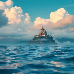 a still frame of the ocean with a single magical japanese castle on a mountain, surrounded by clouds, colorful swirly magic ripples, pastel colors, by greg manchess, huang guangjian, gil elvgren, sachin teng, greg rutkowski, jesper ejsing