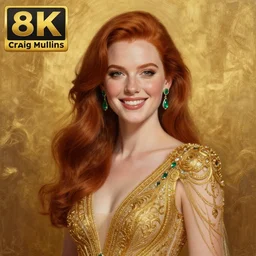 Highly detailed painting of a beautiful young woman with long red hair, smiling by Craig Mullins and Ross Tran, wearing a fancy dress, Golden fabric Background, Golden thread, intricate patterns, Emerald Earrings, ambient lighting, Trending on artstation, pinterest, cgsociety, 4k, 8k, HDR, award winning, unreal engine