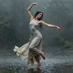 full length portrait of a beautiful goddess, dancing in the rain, by Jeremy Mann, detailed, stylized, loose brush strokes, intricate, realistic, exaggerated lighting, sense of scale, free, melancholy
