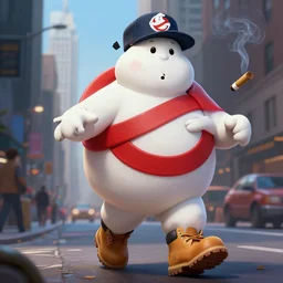a giant ghostbusters stay puff marshmallow man wearing timberland shoes and a yankee hat smoking a joint walking in new york city, highly detailed portrait, digital painting, artstation, concept art, smooth, sharp foccus ilustration, artstation hq