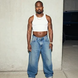 “ kanye west wearing huge jeans and a tiny crop top, posing for an instagram photo ”