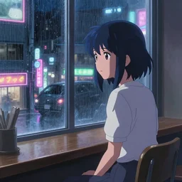 beautiful anime painting of a woman with dark-blue hair sitting in a cafe next to a window on a rainy night, outside are neon lights from a dense city, by makoto shinkai, kimi no na wa, artstation, atsmospheric, high detail