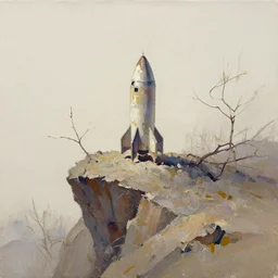 abandoned dirty tiny rocket ship, distant knotted branches, extremely detailed rocky crag, unfinished canvas, dry brush texture, strokes visible, wash, hints of spring