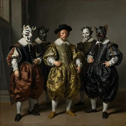 painting las meninas by diego Velazquez except the humans are all wearing occult masks