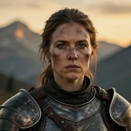 head and shoulders portrait of a female knight, leather armor, dirty face, detailed face, photography by jimmy nelson, dramatic mountain background, golden hour, hq