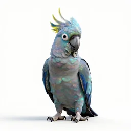 iridescent cockatoo, clean 3d render, full body, isolated on a pure white background, centered, entire subject in frame, sharp focus, soft studio lighting