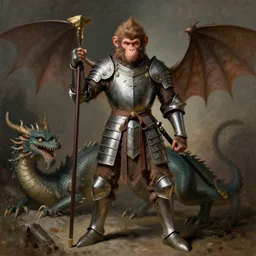 portrait full body monkey king medieval armor fighting dragon by gaston bussiere