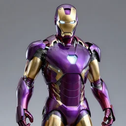 iron man's suit but the colour scheme is purple and gold, octane render, photorealistic, realistic shading, cinematic, detailed textures