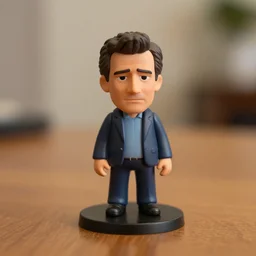 jeff goldblum figurine by pixar sad bokeh on wooden table.