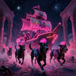 spase dogs running with neon mohawks, space, dark, stars, pink, oil painting, pirate neon ship with punks on board, neon, rich deep colors masterpiece, ultra detailed, contrast, lots of roman arches, clouds, sky, volumetric light, atmospheric lighting, dramatic, cinematic, moody, octane render 4 k, 8 k