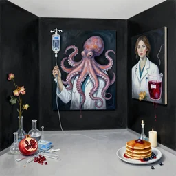empty room with black walls, a portrait of a female pathologist holding an octopus, intravenous drip, wilted flowers, pomegranate, berry juice dripping, pancakes, berries, surgical supplies, scientific glassware, candles, neo - expressionism, surrealism, acrylic and spray paint and oilstick on canvas