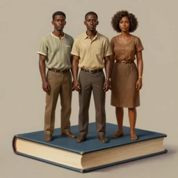a painting of three brown men and a brown woman standing on top of a book, detailed digital art, hyperrealistic, trending on artstation