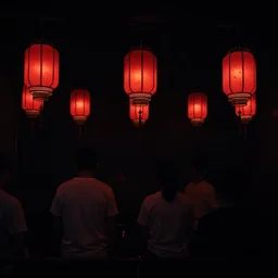 a tiny dark black night club with five red chinese lanterns, people's silhouettes close up, wearing white t - shirts that glow in the dark, minimalism,