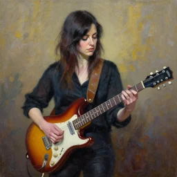 Anna Calvi playing electric guitar, oil painting by Monia Merlo