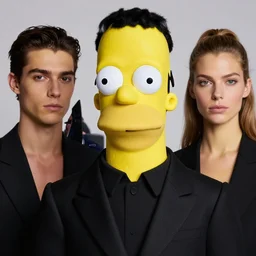 professional head shot photograph of fashion model homer simpson wearing black suit by reza nia, nick knight, amy judd, jil sander minimal romantic heavenly elite style, posed, fluorescent makeup, beautiful, studio, studio lighting, flat natural tones, sharp focus, 8 k, very fine detail, stunning matte painting