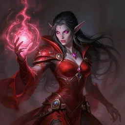 magic : the gathering fantasy character concept art by franz frazetta, high resolution. a clear portrait of a beautiful, female elf warlock with grey skin and pink irises, wearing red and black, casting a spell, intricate, digital painting, artstation, smooth, sharp focus