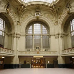cinematic movie scene, 200mm wide shot, precise architectural rendering, interior of victorian era railway station with ornate art nouveau architecture, bustling with people and, victorian architecture, emerald, crystalline, detailed illustration, sharp focus, concept art, unreal engine, octane render, god rays