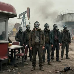 waiting in line for crude oil by simon stalenhag and gil elvgren and tom bagshaw and marc simonetti and jan miense molenaer and arthur adams, dystopian slums, diner scene, highly detailed, hyperrealism, smog, gas masks