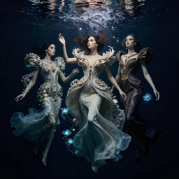 underwater fashion photography of absurdly beautiful, graceful, elegant, sophisticated, fashionable model in style of zena holloway, irakli nadar, intricate and ornate alien technology, bioluminescence, bloom, dim rim lighting, by victor grasso