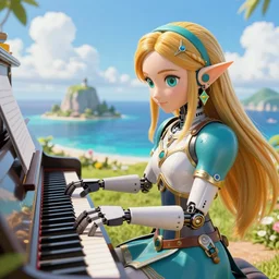 portrait of zelda robot playing piano on a beautiful island, highly detailed, fantasy style, artstation, 8 k