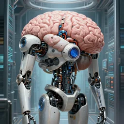detailed futuristic robot with huge brain at the big data center. intricate, elegant, highly detailed, centered, digital painting, artstation, concept art, smooth, sharp focus, illustration, artgerm, tomasz alen kopera, peter mohrbacher, donato giancola, joseph christian leyendecker, wlop, boris vallejo