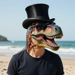 a commission portrait of a man with the head of a t - rex wearing sunglasses and a top - hat standing on a beach, greg rutkowski, hyperdetailed, hyperrealistic, 4 k, deviantart, artstation, professional photography, concept art, art by notchalla