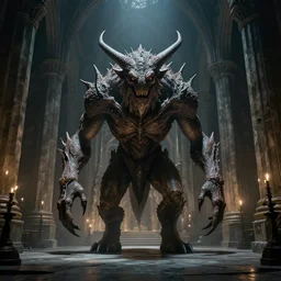 balrog at the far end of a great hall in moria, style of h. r. giger, realistic movie still, cinematic, cgi,