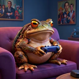 realistic detailed photo rendered in octane 3 d, the big toad sits in his room on the couch and plays video games from the 9 0 s by francis bacon, by h. r. giger, by ayami kojima, amano, karol bak, greg hildebrandt, and mark brooks, rich deep colors. beksinski painting, art by takato yamamoto. masterpiece. rendered in blender, ultra realistic, smooth shading, ultra detailed, high resolution, cinematic, unreal 6